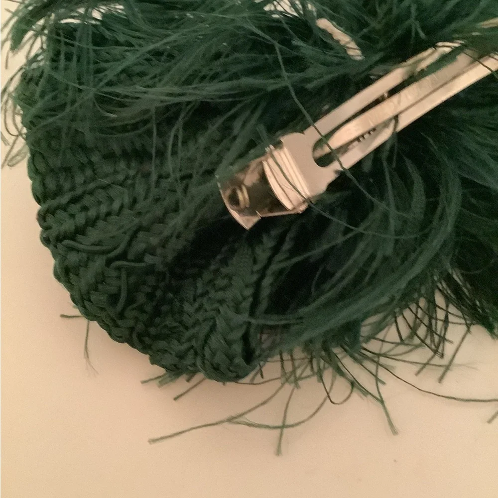 Vintage made in France large silk knit fringe pearl center hair barrette 7x4